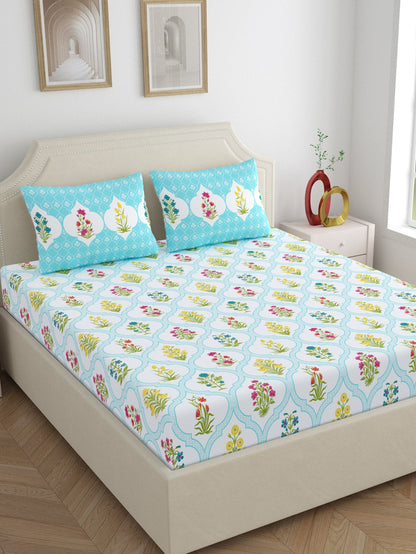 Home Ecstasy 100% Cotton Floral Bedsheet Set | 140 TC | Blue