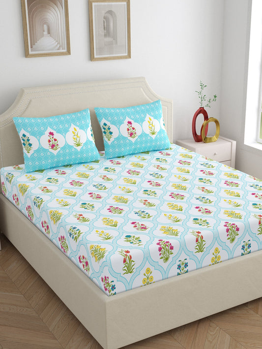 Home Ecstasy 100% Cotton Floral Bedsheet Set | 140 TC | Blue