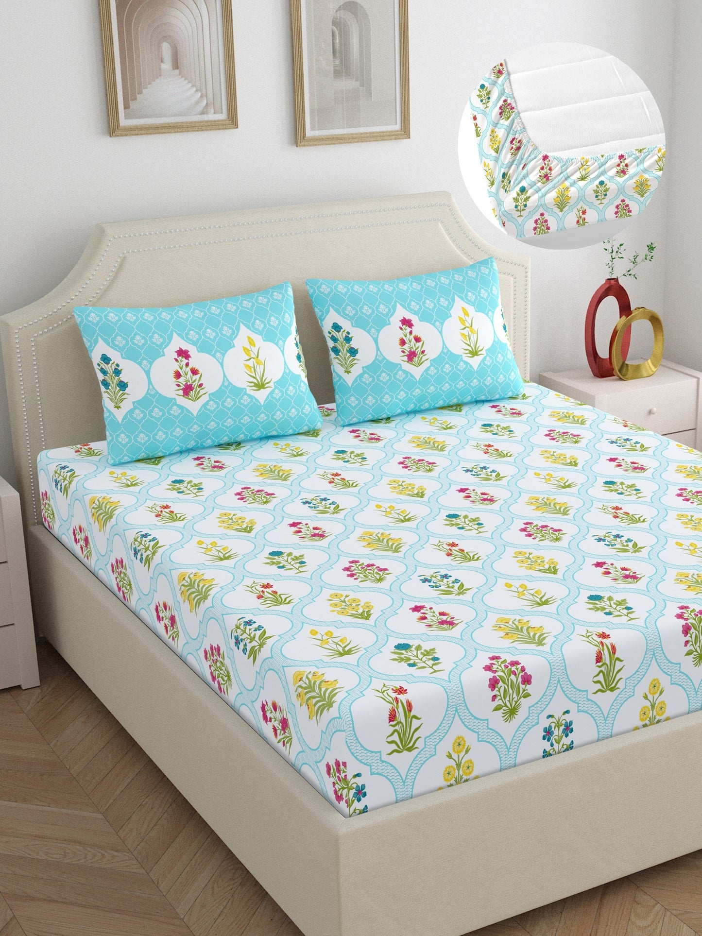 Home Ecstasy 100% Cotton Floral Bedsheet Set | 140 TC | Blue