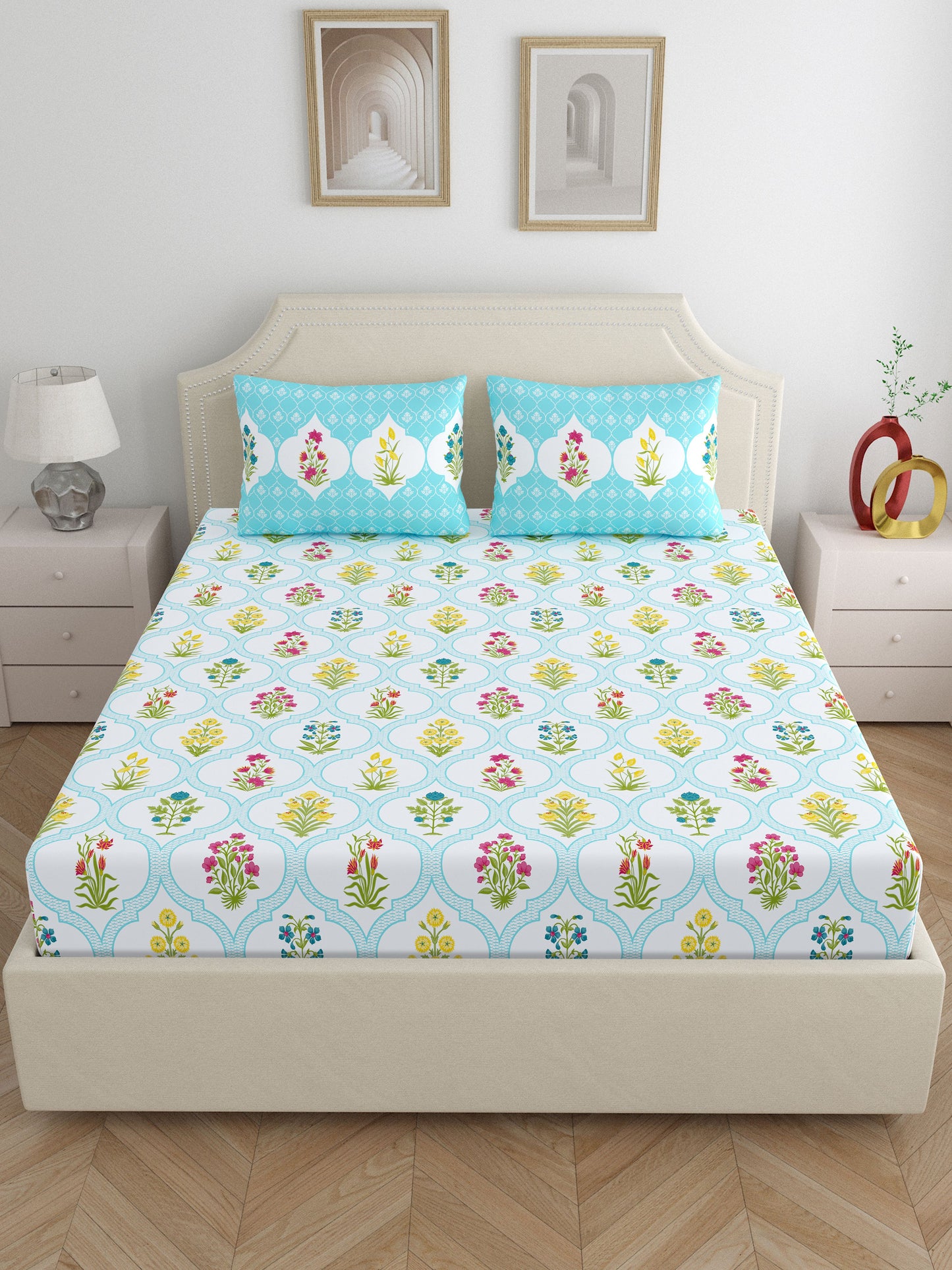 Home Ecstasy 100% Cotton Floral Bedsheet Set | 140 TC | Blue