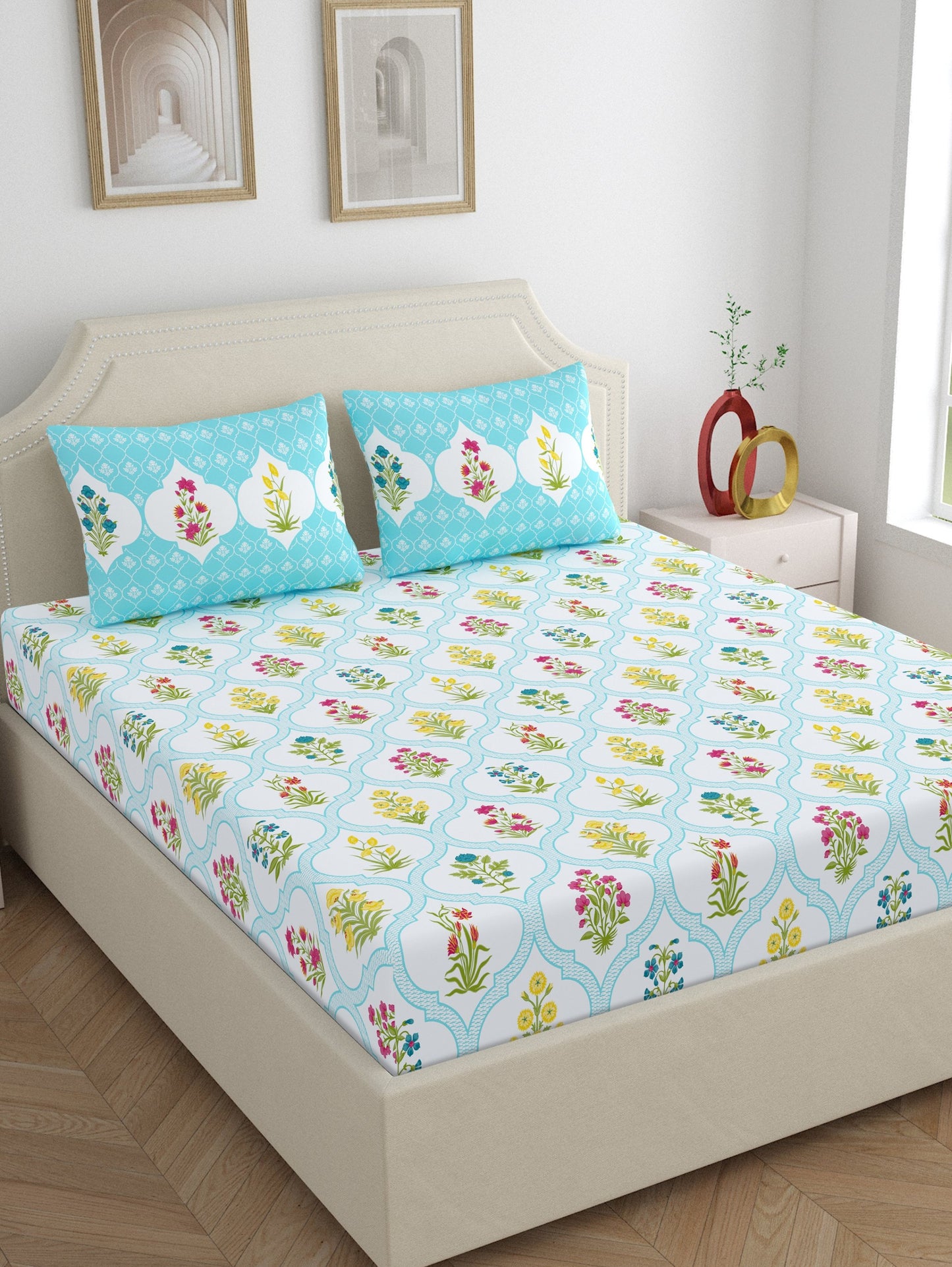Home Ecstasy 100% Cotton Floral Bedsheet Set | 140 TC | Blue