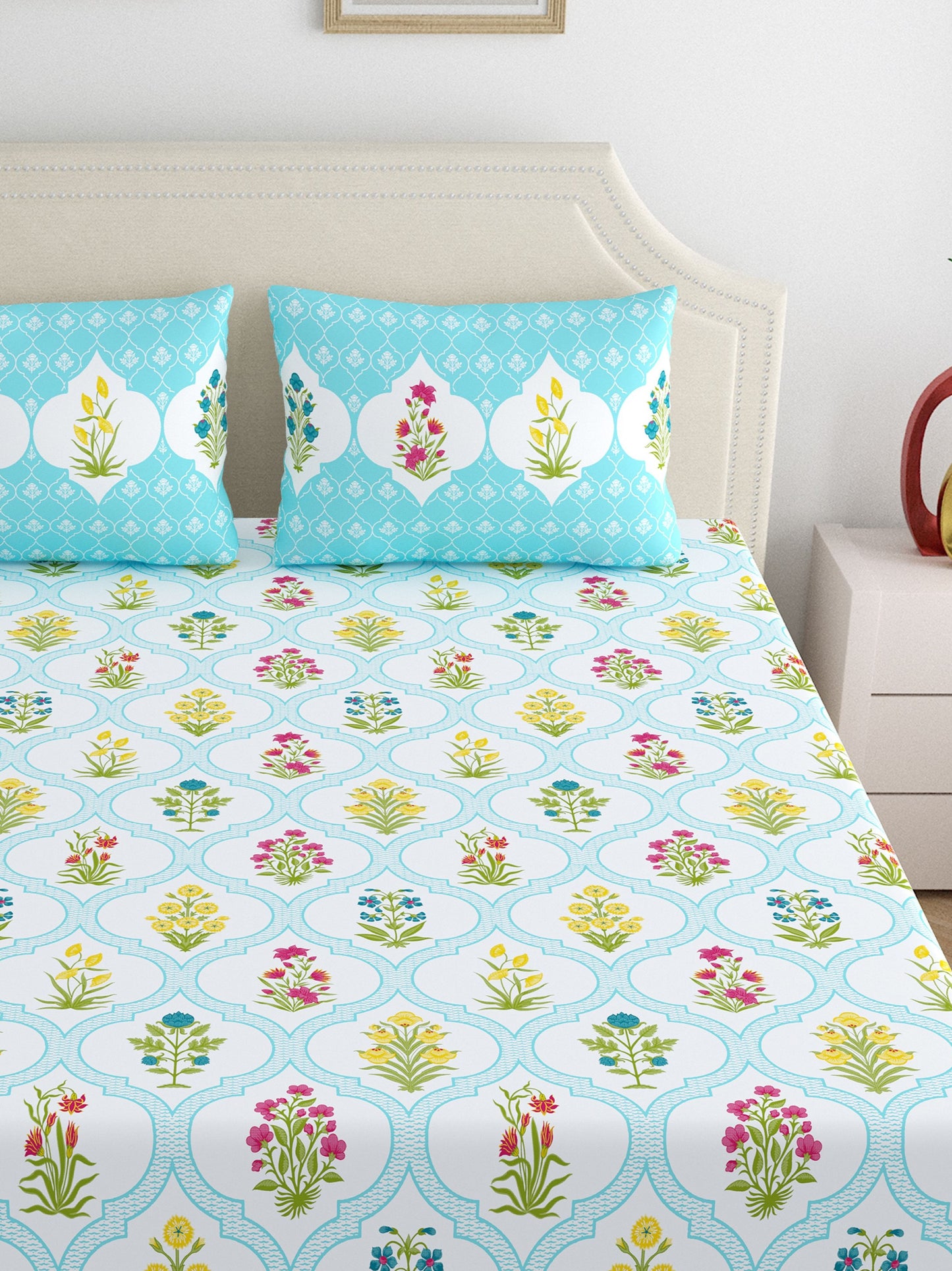Home Ecstasy 100% Cotton Floral Bedsheet Set | 140 TC | Blue