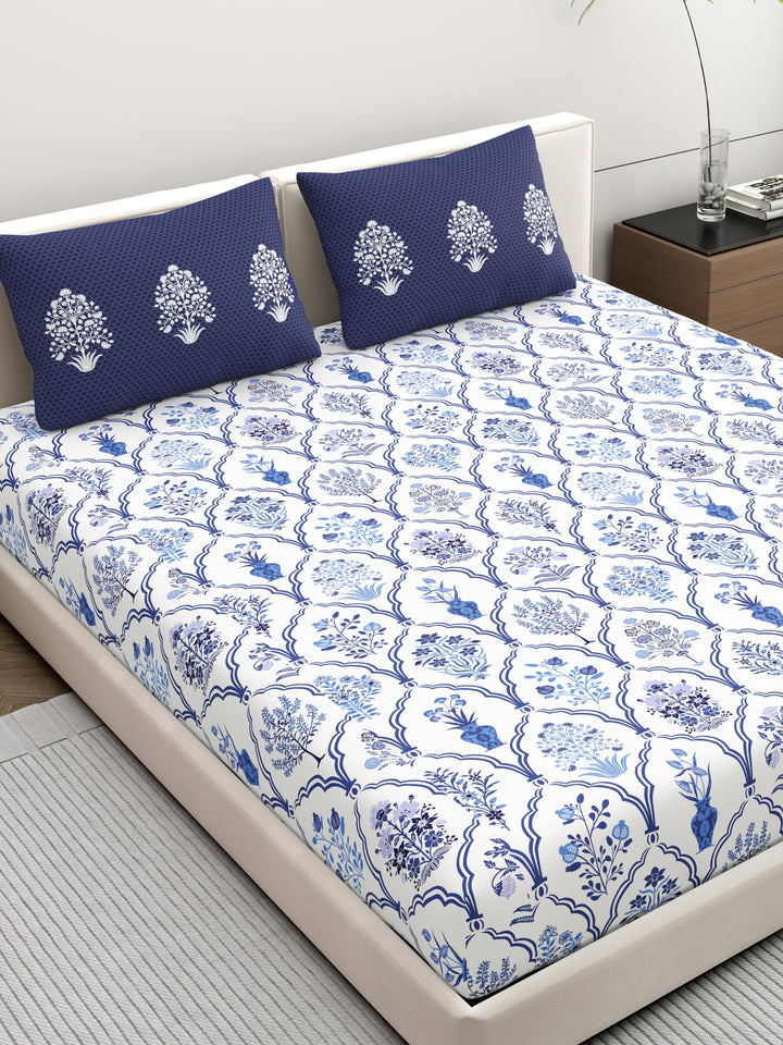 Home Ecstasy 100% Cotton Ethnic Bedsheet Set | 140 TC | Blue