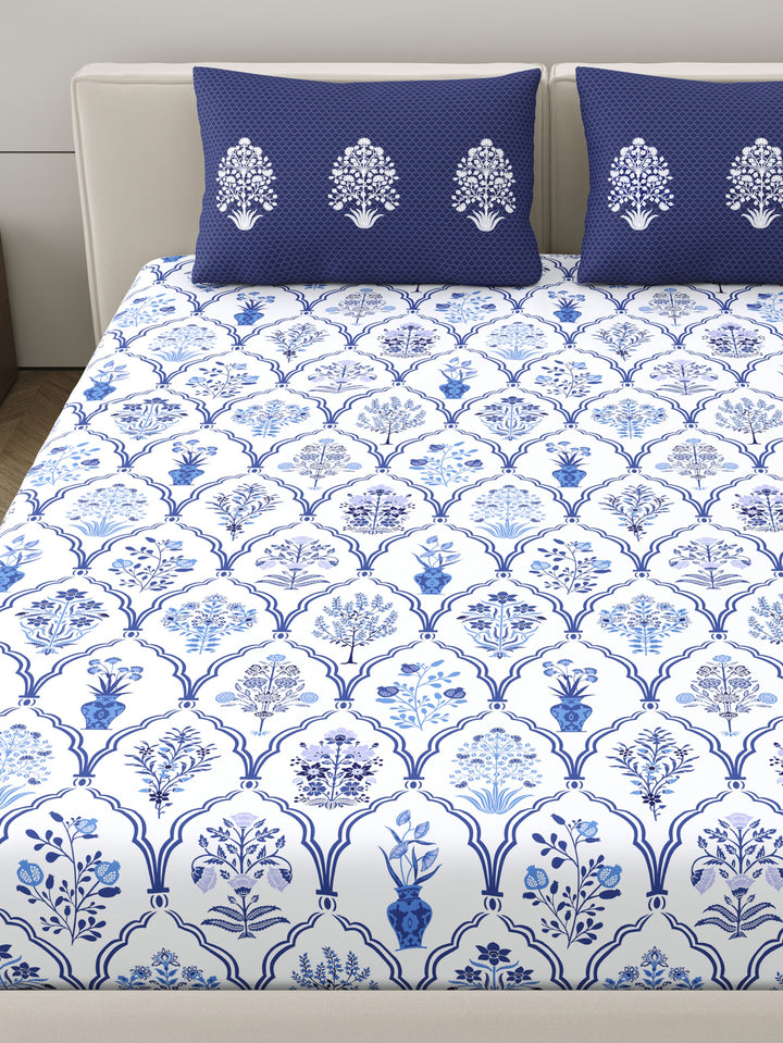 Home Ecstasy 100% Cotton Ethnic Bedsheet Set | 140 TC | Blue