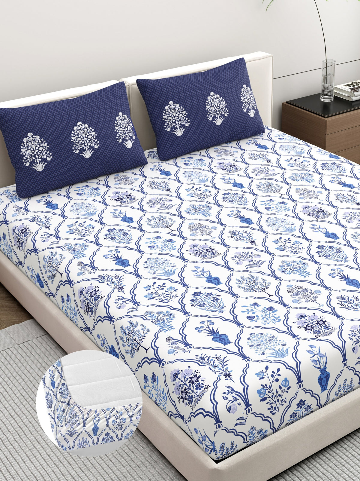 Home Ecstasy 100% Cotton 140 TC Floral Bedsheet Set - Colour: Blue