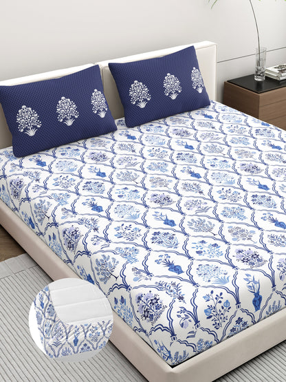 Home Ecstasy 100% Cotton 140 TC Floral Bedsheet Set - Colour: Blue