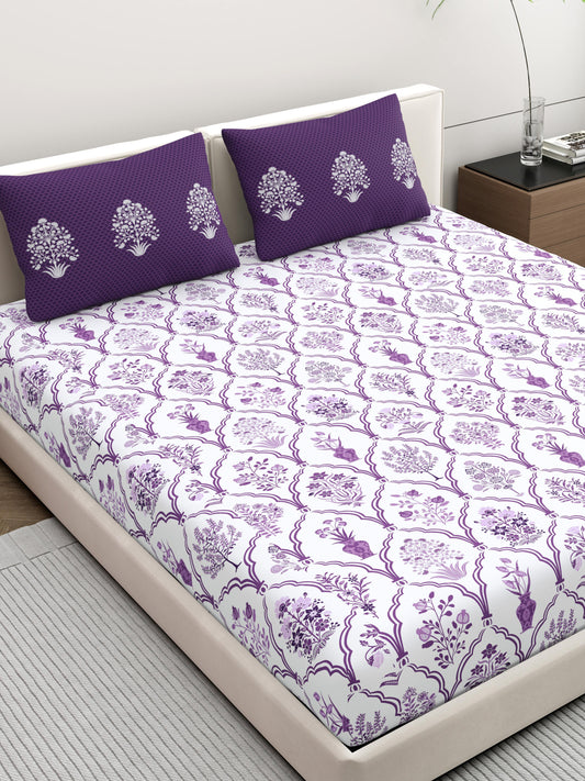 Home Ecstasy 100% Cotton Ethnic Bedsheet Set | 140 TC | Purple
