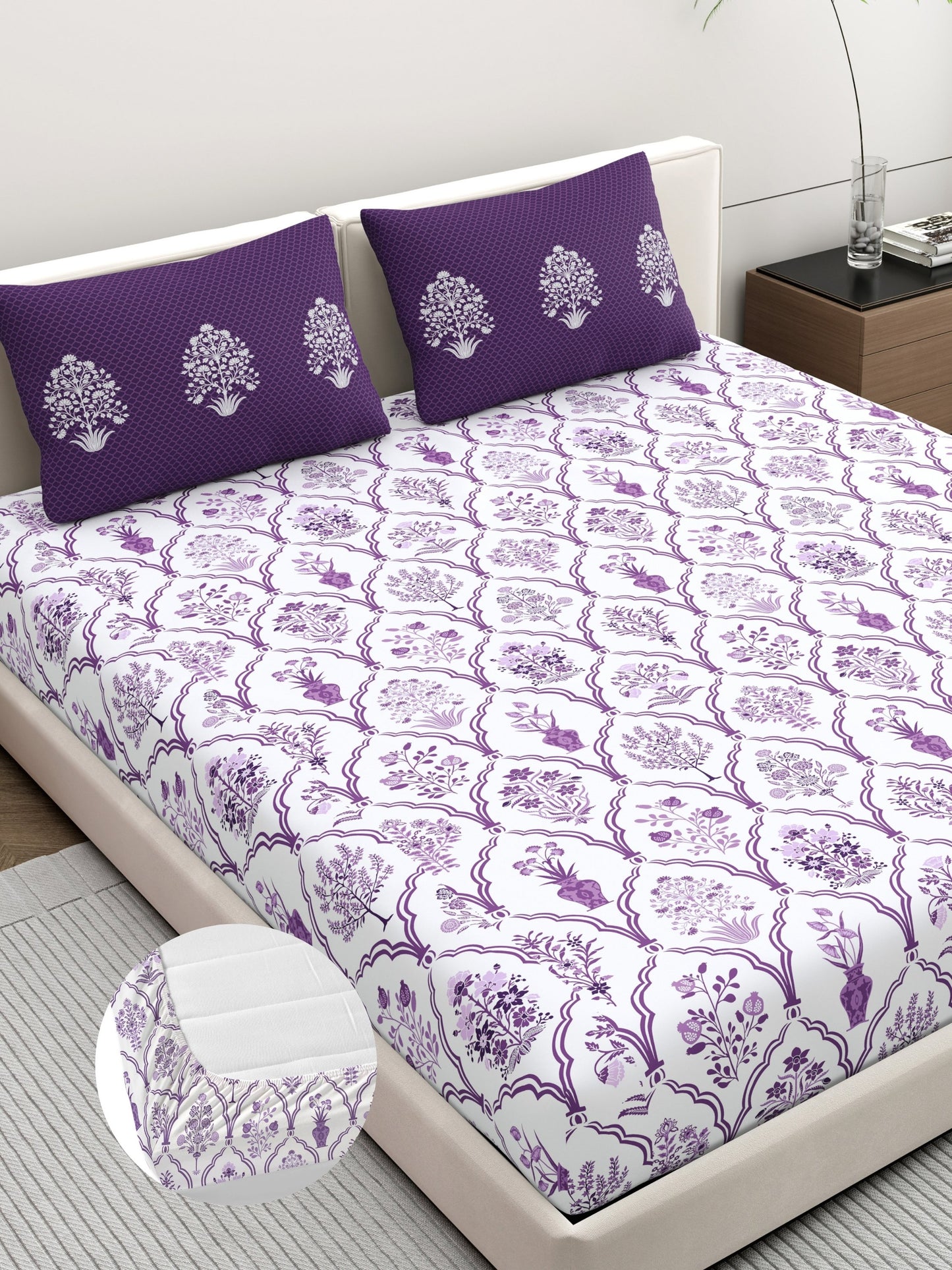 Home Ecstasy 100% Cotton 140 TC Floral Bedsheet Set - Colour: Purple
