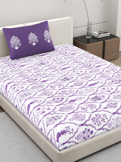 Home Ecstasy 100% Cotton Ethnic Bedsheet Set | 140 TC | Purple