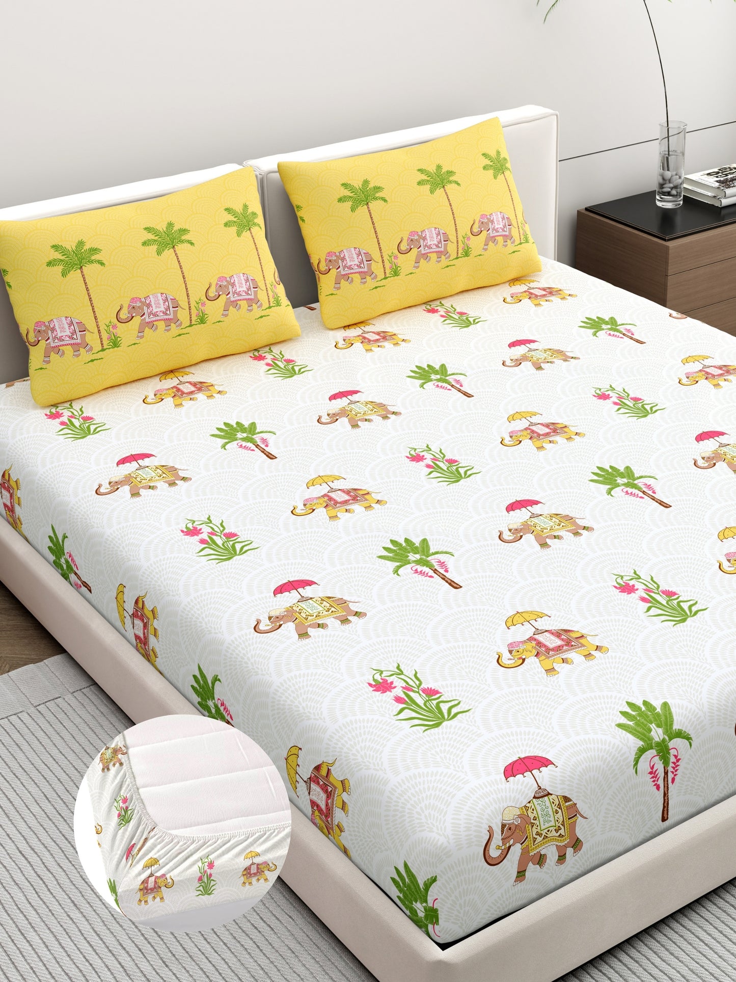 Home Ecstasy 100% Cotton 140 TC Ethnic Bedsheet Set - Colour: Yellow