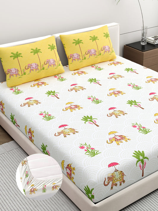 Home Ecstasy 100% Cotton 140 TC Ethnic Bedsheet Set - Colour: Yellow