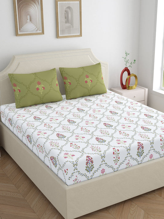 Home Ecstasy 100% Cotton Floral Bedsheet Set | 140 TC | Green