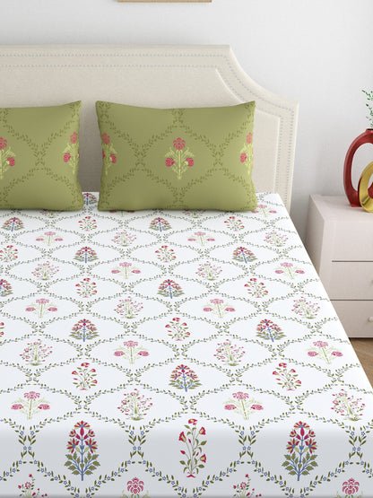 Home Ecstasy 100% Cotton Floral Bedsheet Set | 140 TC | Green