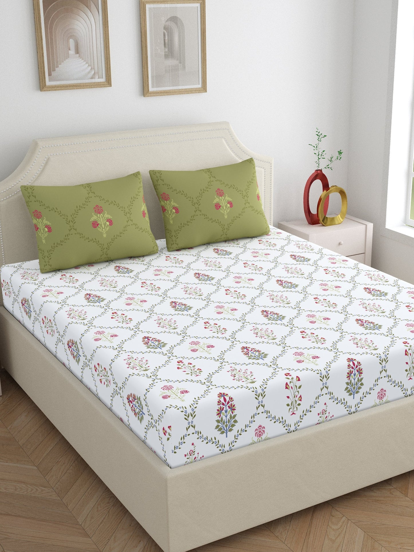 Home Ecstasy 100% Cotton Floral Bedsheet Set | 140 TC | Green
