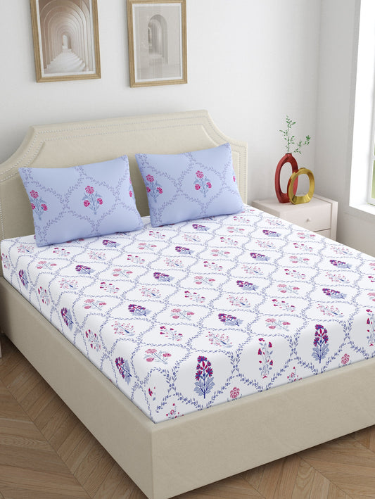 Home Ecstasy 100% Cotton Floral Bedsheet Set | 140 TC | Purple