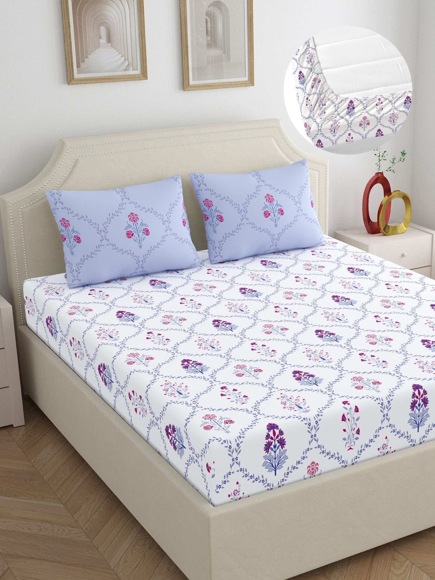 Home Ecstasy 100% Cotton Floral Bedsheet Set | 140 TC | Purple
