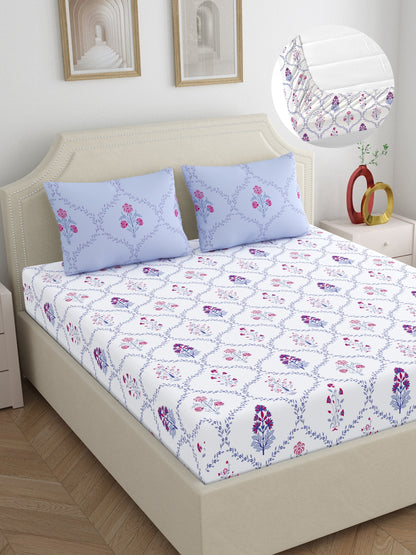 Home Ecstasy 100% Cotton Floral Bedsheet Set | 140 TC | Purple