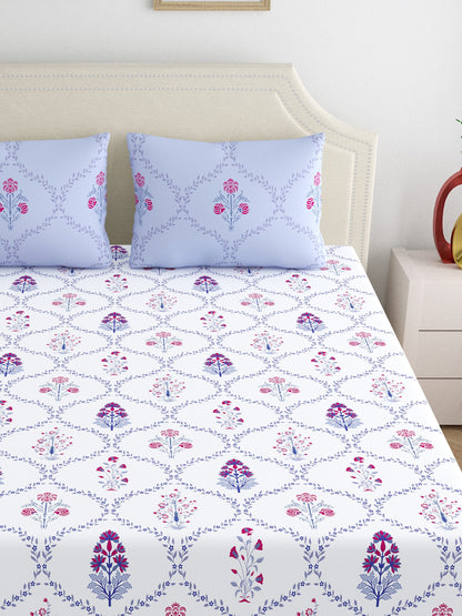 Home Ecstasy 100% Cotton Floral Bedsheet Set | 140 TC | Purple