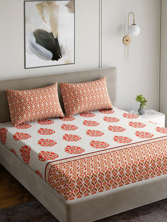 Home Ecstasy 100% Cotton 140 TC Floral Bedsheet Set - Colour: Red