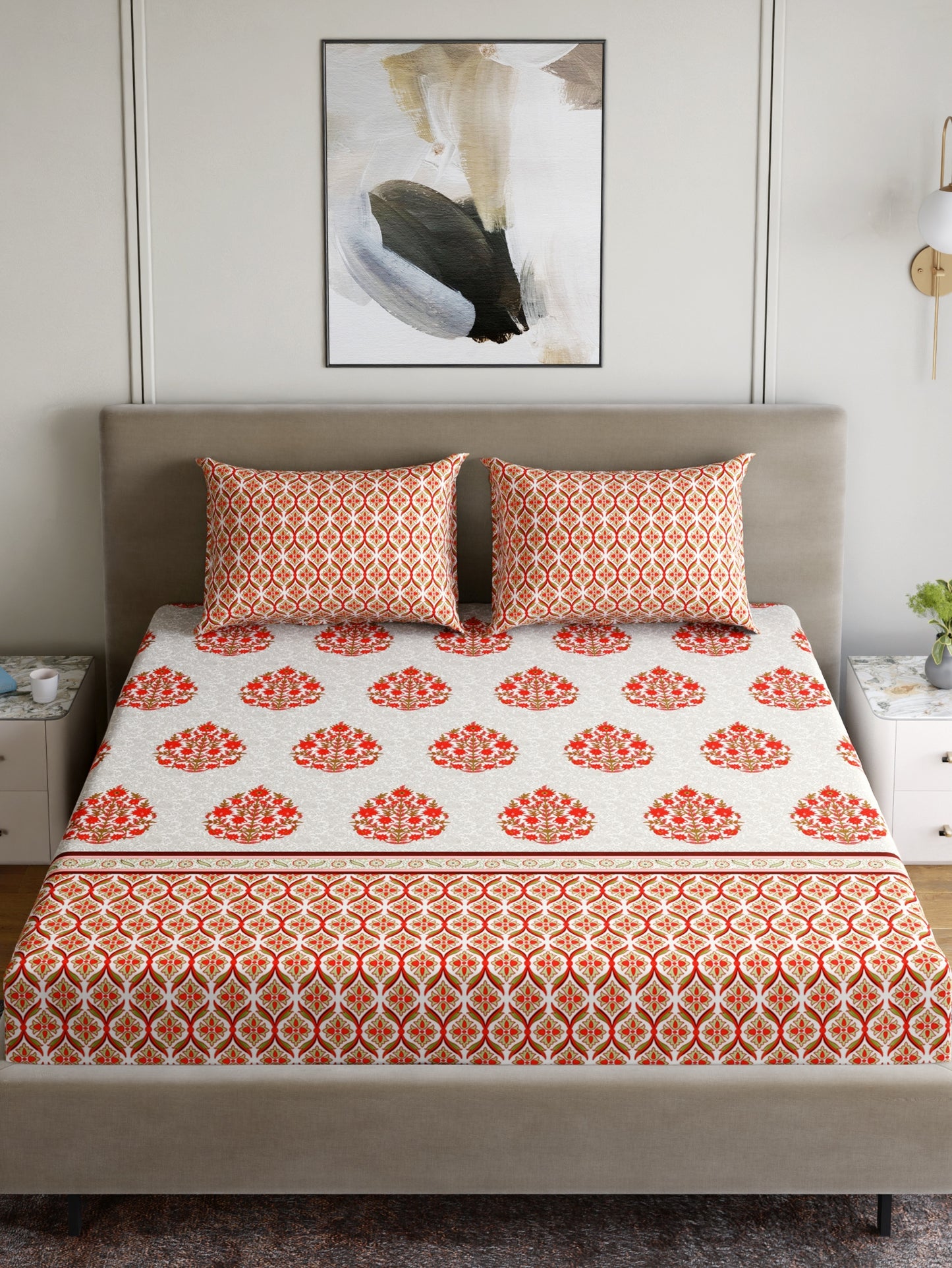 Home Ecstasy 100% Cotton 140 TC Floral Bedsheet Set - Colour: Red