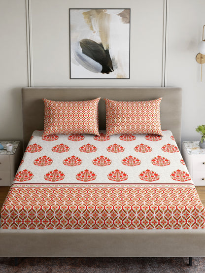 Home Ecstasy 100% Cotton 140 TC Floral Bedsheet Set - Colour: Red