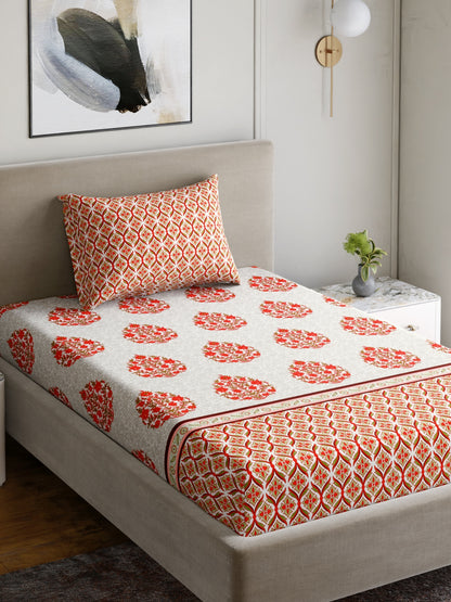 Home Ecstasy 100% Cotton 140 TC Floral Bedsheet Set - Colour: Red