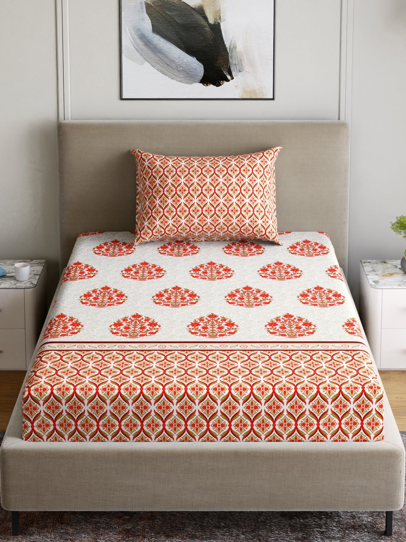 Home Ecstasy 100% Cotton 140 TC Floral Bedsheet Set - Colour: Red