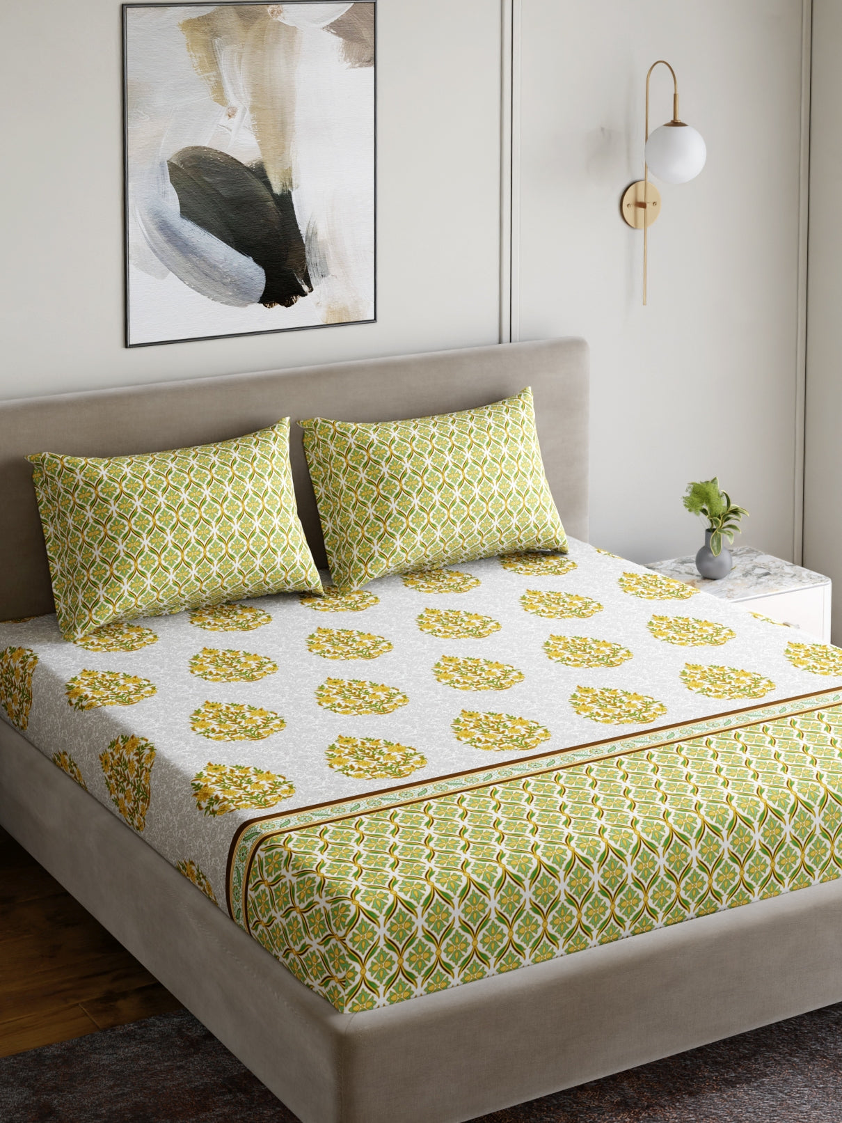 Home Ecstasy 100% Cotton 140 TC Floral Bedsheet Set - Colour: Green