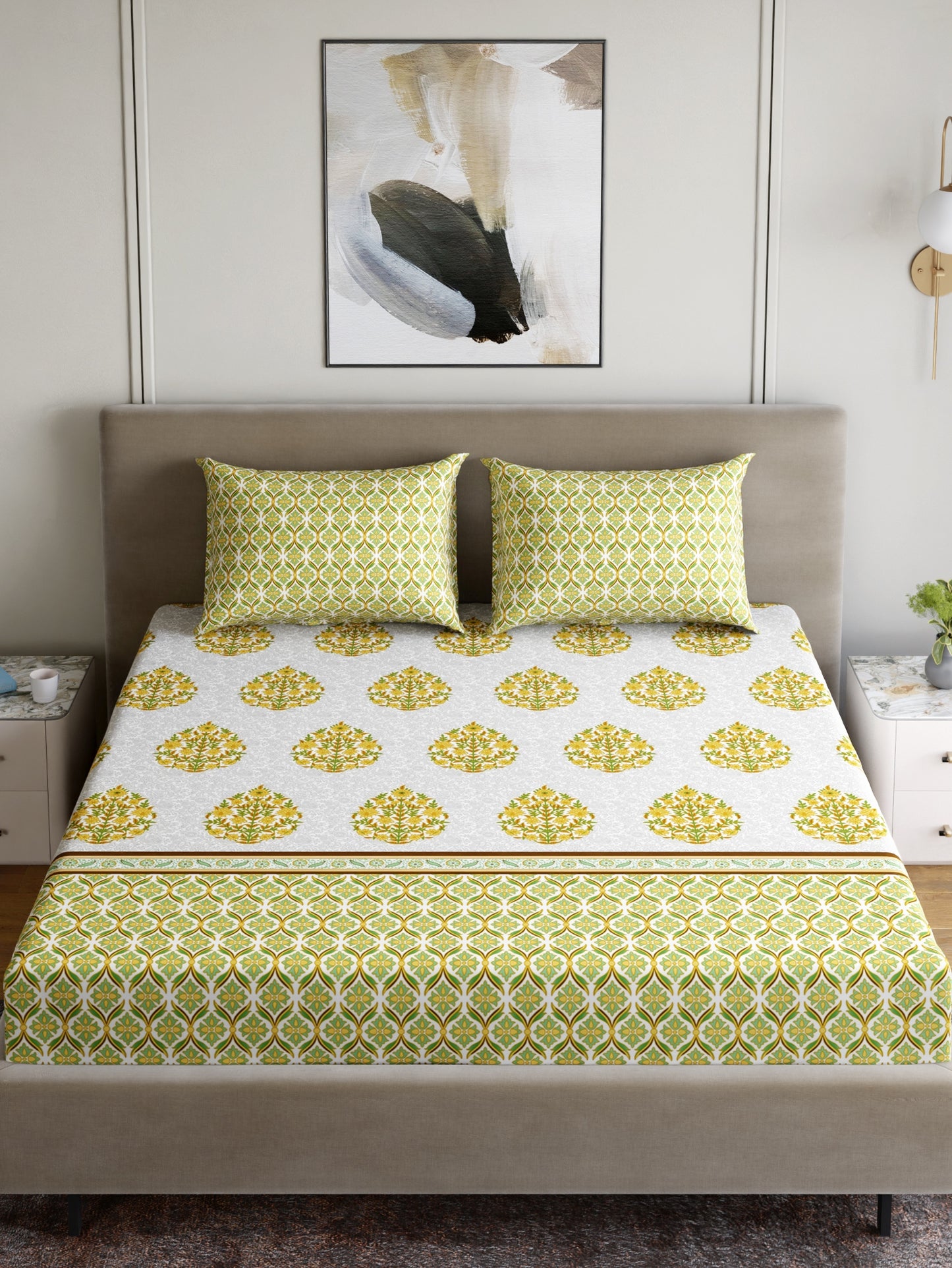 Home Ecstasy 100% Cotton 140 TC Floral Bedsheet Set - Colour: Green