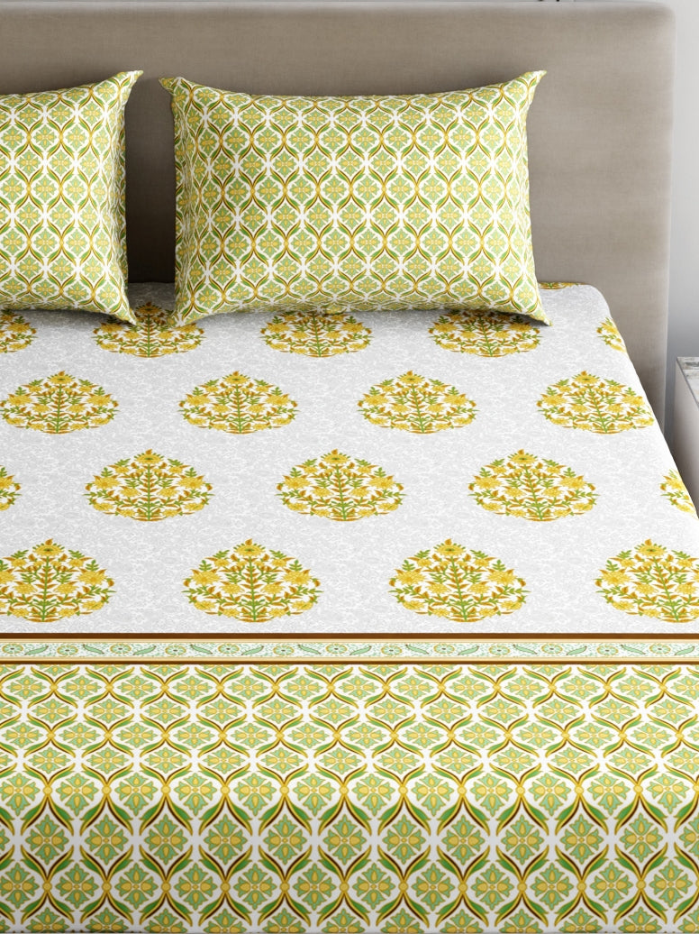 Home Ecstasy 100% Cotton 140 TC Floral Bedsheet Set - Colour: Green