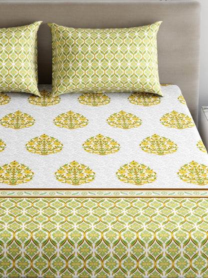 Home Ecstasy 100% Cotton 140 TC Floral Bedsheet Set - Colour: Green