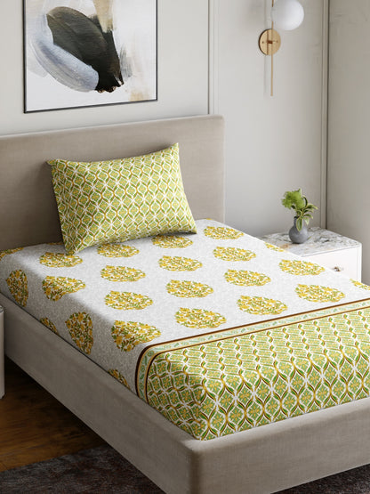 Home Ecstasy 100% Cotton 140 TC Floral Bedsheet Set - Colour: Green