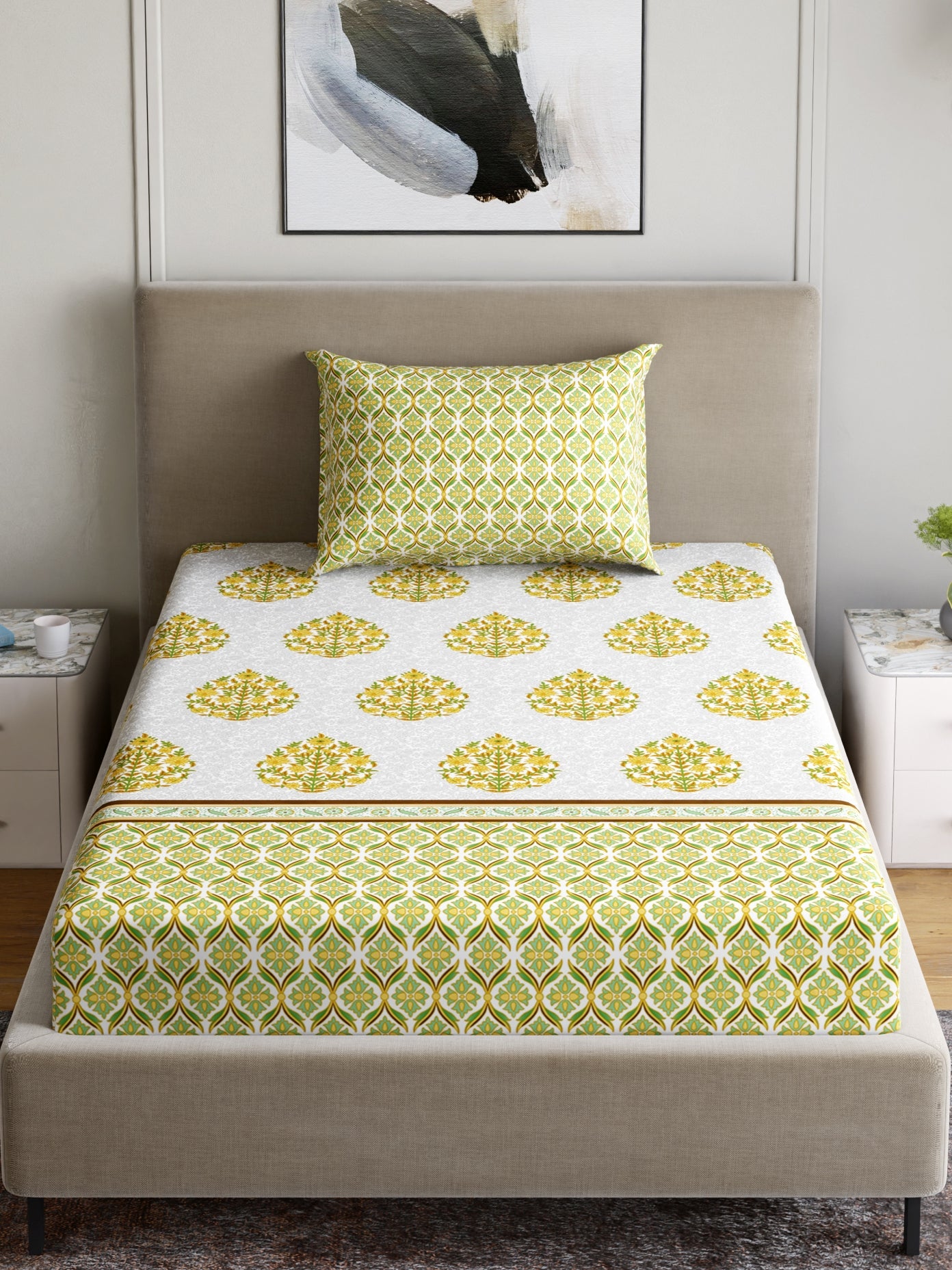 Home Ecstasy 100% Cotton 140 TC Floral Bedsheet Set - Colour: Green