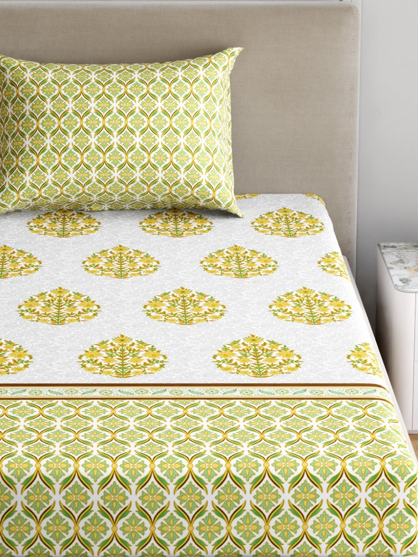 Home Ecstasy 100% Cotton 140 TC Floral Bedsheet Set - Colour: Green