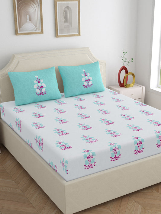 Home Ecstasy 100% Cotton Floral Bedsheet Set | 140 TC | T.Blue