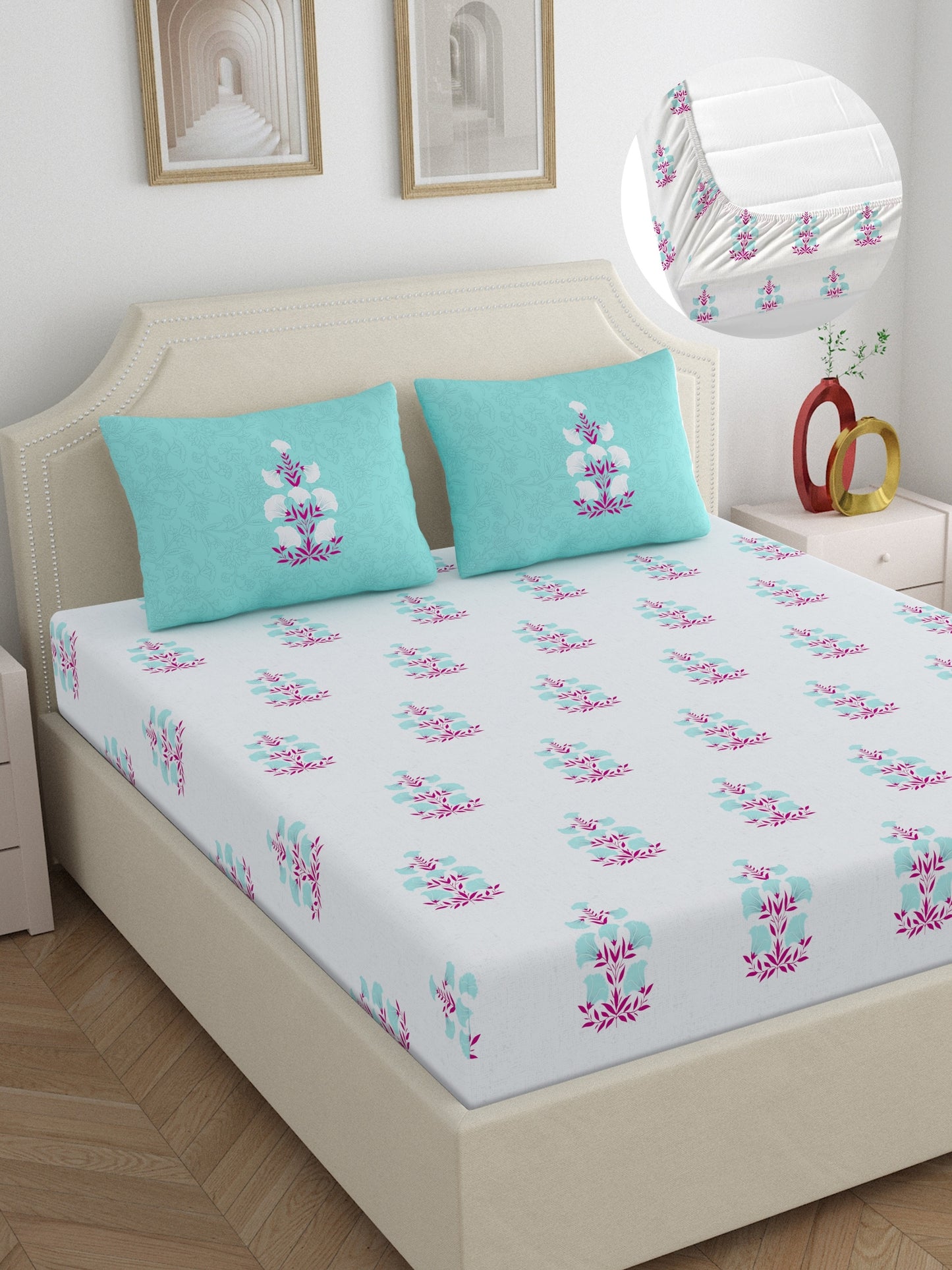 Home Ecstasy 100% Cotton Floral Bedsheet Set | 140 TC | T.Blue