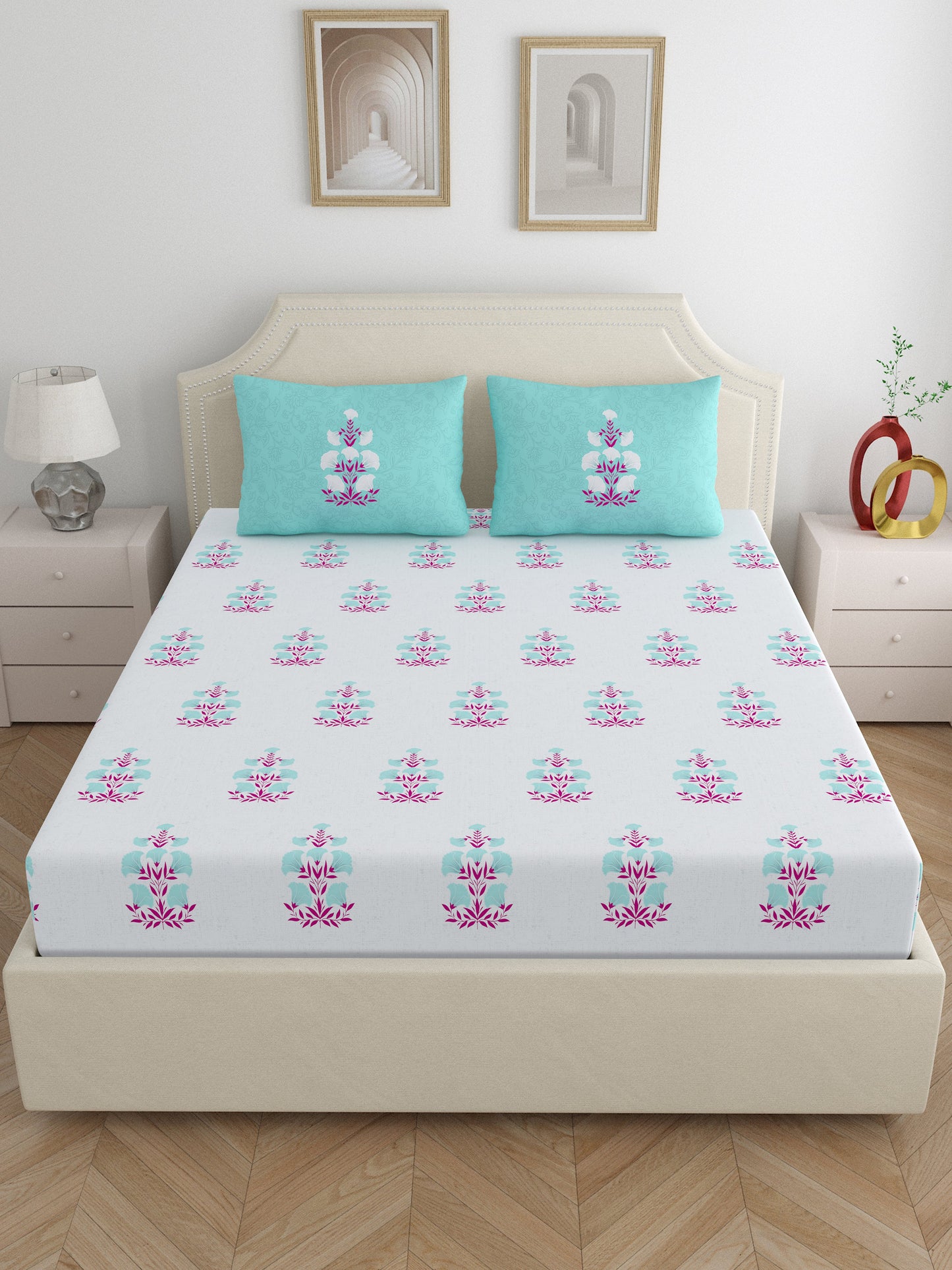 Home Ecstasy 100% Cotton Floral Bedsheet Set | 140 TC | T.Blue