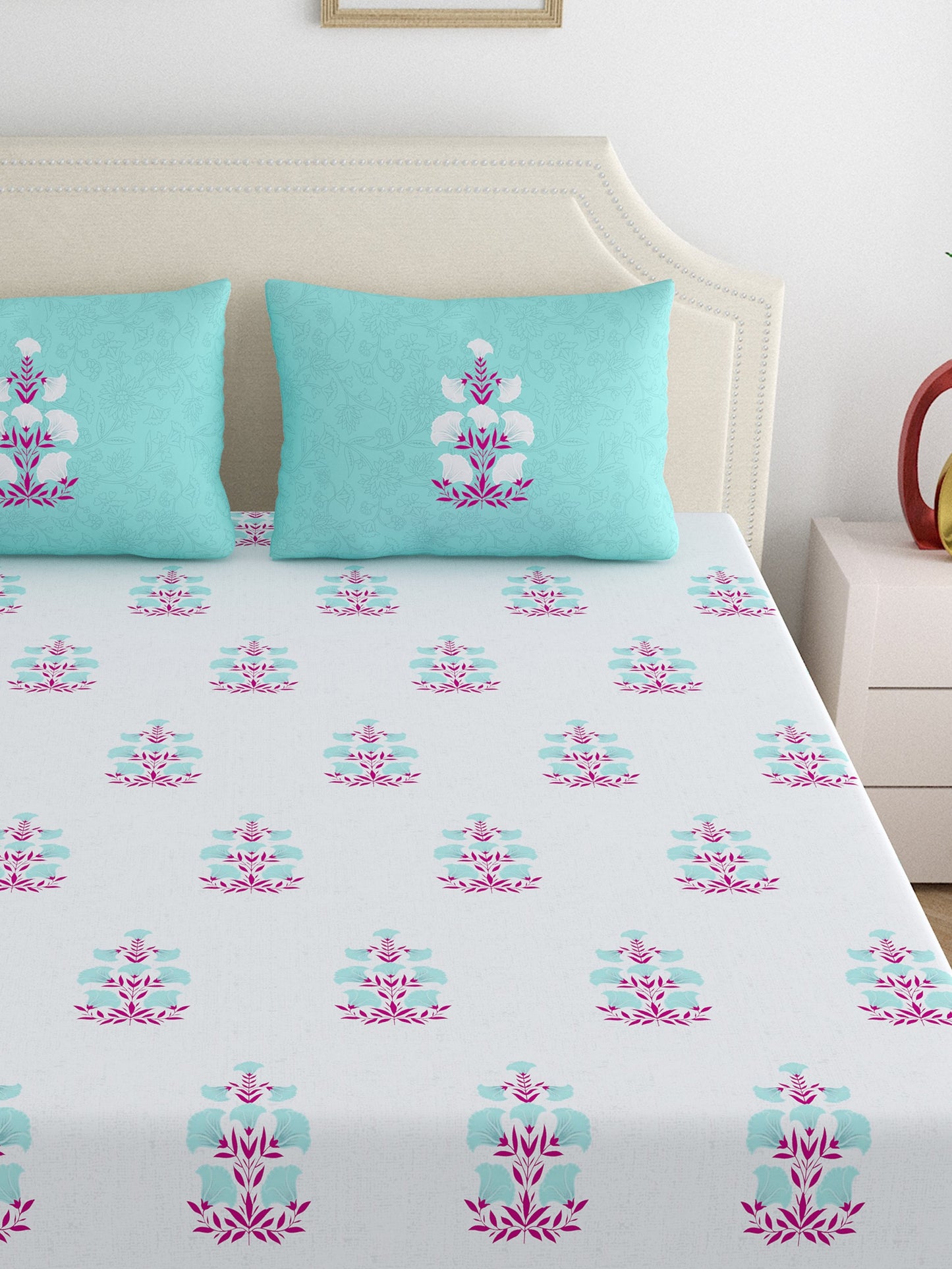 Home Ecstasy 100% Cotton Floral Bedsheet Set | 140 TC | T.Blue