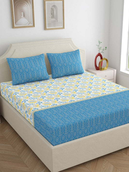 Home Ecstasy 100% Cotton Floral Bedsheet Set | 140 TC | Blue