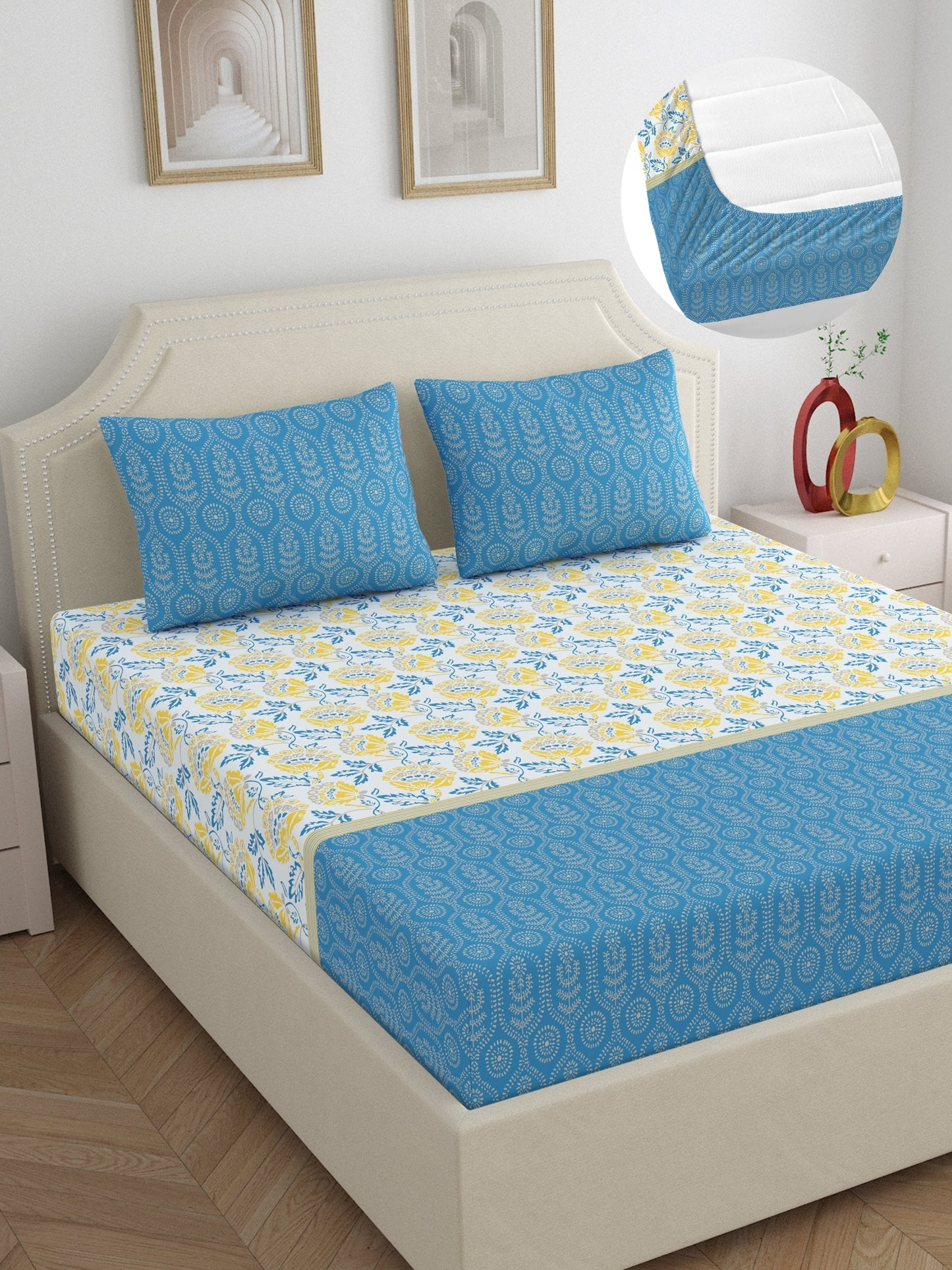 Home Ecstasy 100% Cotton Floral Bedsheet Set | 140 TC | Blue