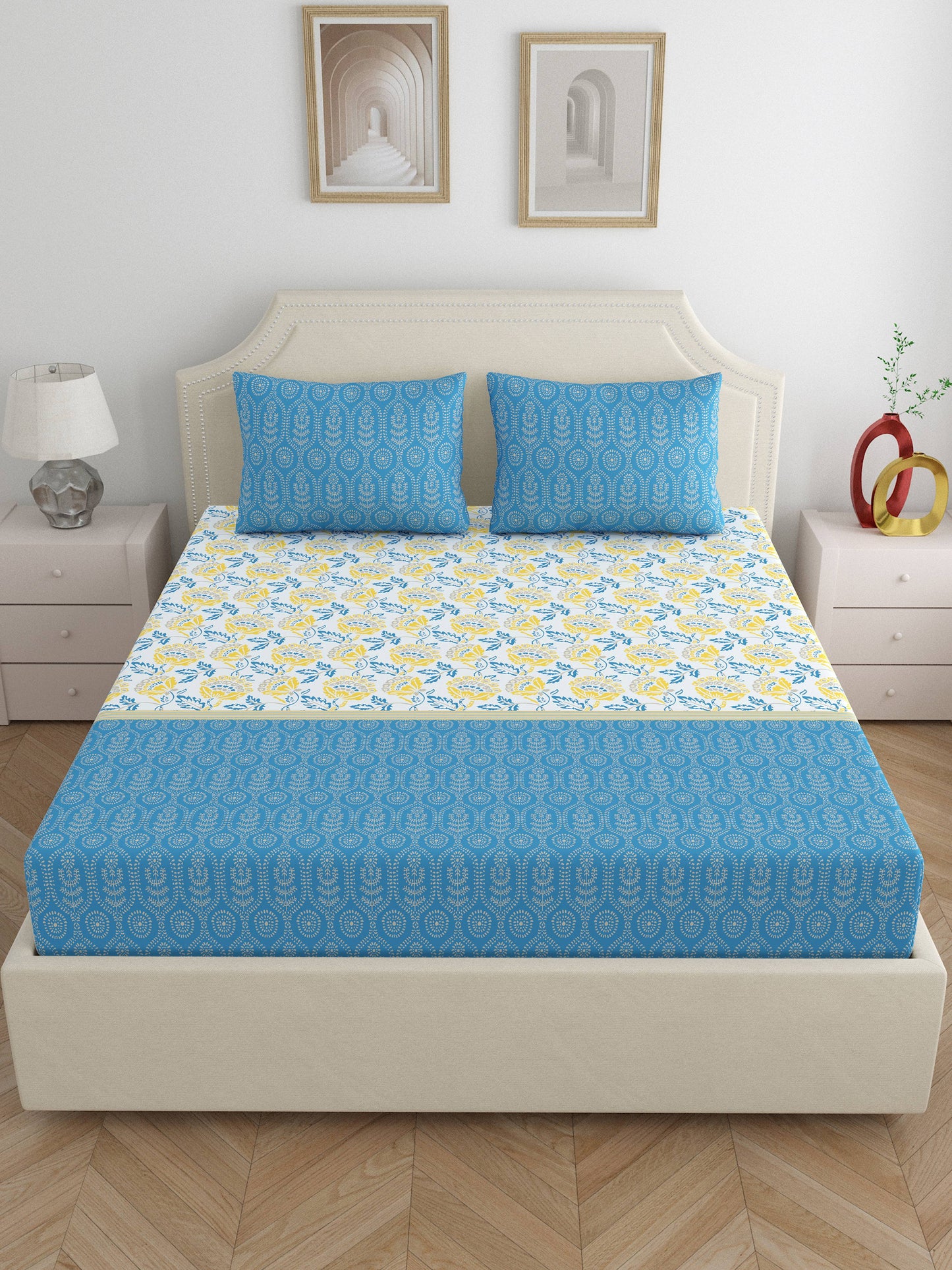 Home Ecstasy 100% Cotton Floral Bedsheet Set | 140 TC | Blue