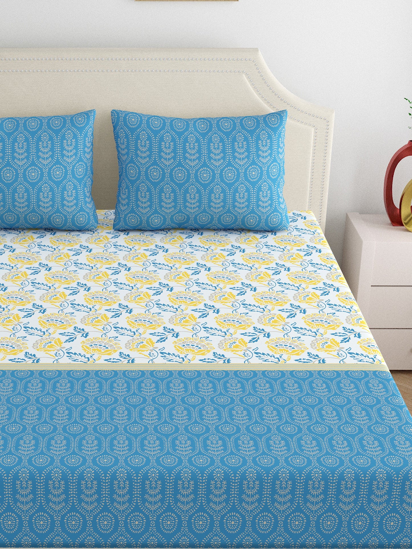 Home Ecstasy 100% Cotton Floral Bedsheet Set | 140 TC | Blue
