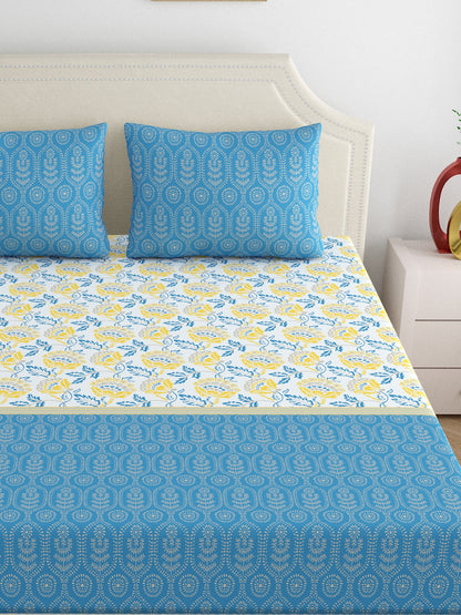 Home Ecstasy 100% Cotton Floral Bedsheet Set | 140 TC | Blue