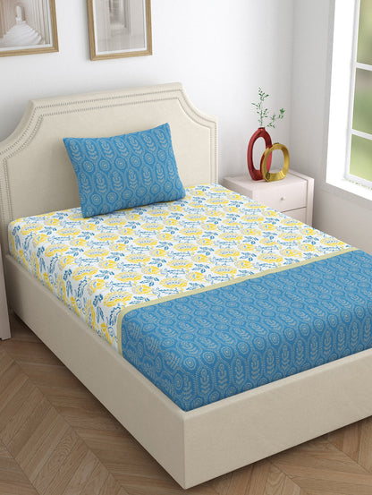 Home Ecstasy 100% Cotton Floral Bedsheet Set | 140 TC | Blue