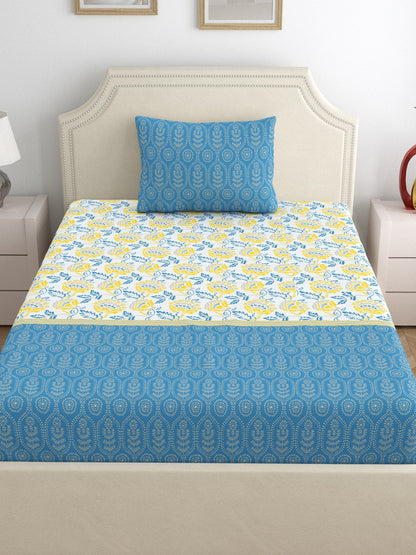 Home Ecstasy 100% Cotton Floral Bedsheet Set | 140 TC | Blue