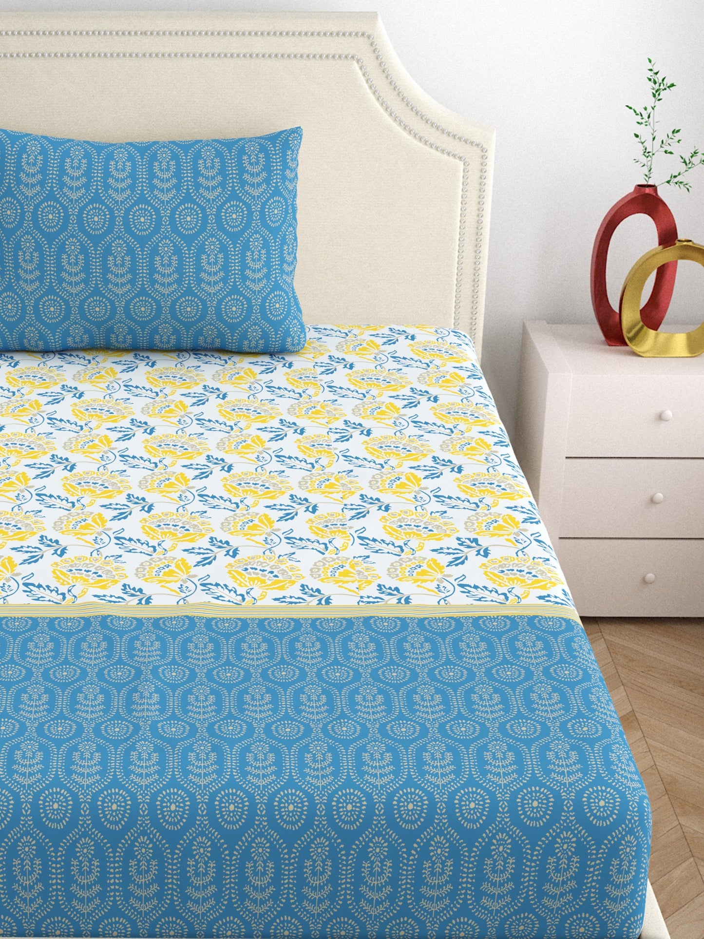 Home Ecstasy 100% Cotton Floral Bedsheet Set | 140 TC | Blue