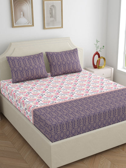 Home Ecstasy 100% Cotton Floral Bedsheet Set | 140 TC | Purple