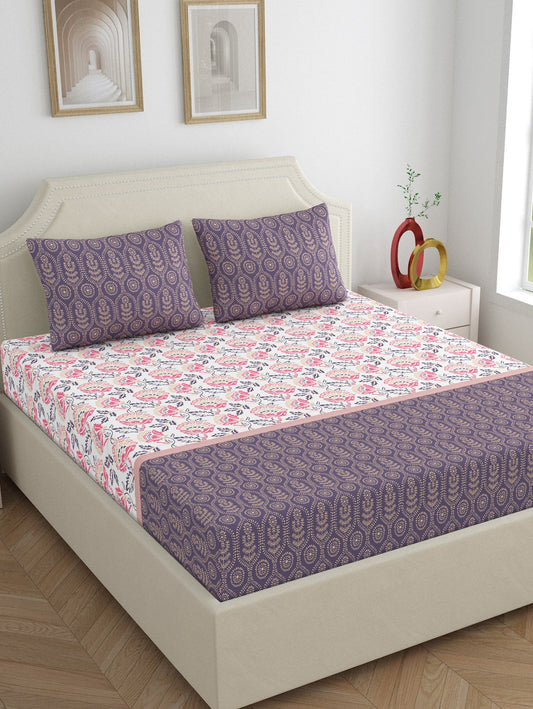 Home Ecstasy 100% Cotton Floral Bedsheet Set | 140 TC | Purple