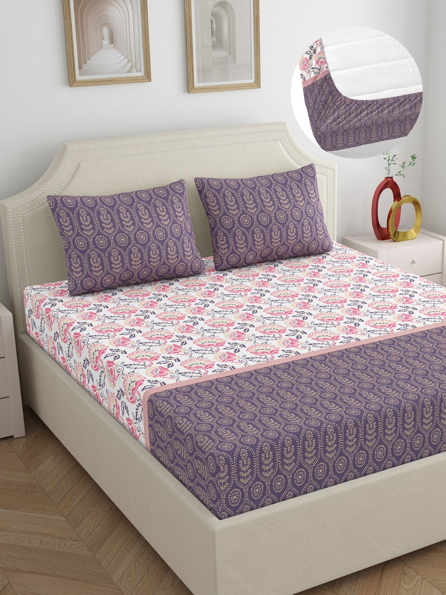 Home Ecstasy 100% Cotton Floral Bedsheet Set | 140 TC | Purple