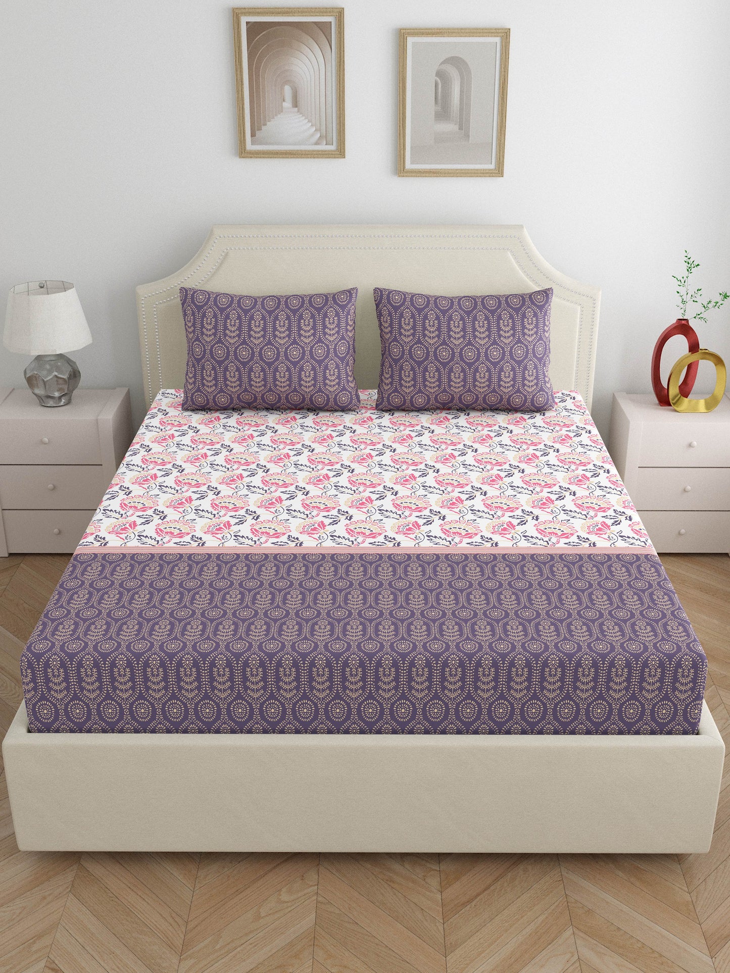 Home Ecstasy 100% Cotton Floral Bedsheet Set | 140 TC | Purple